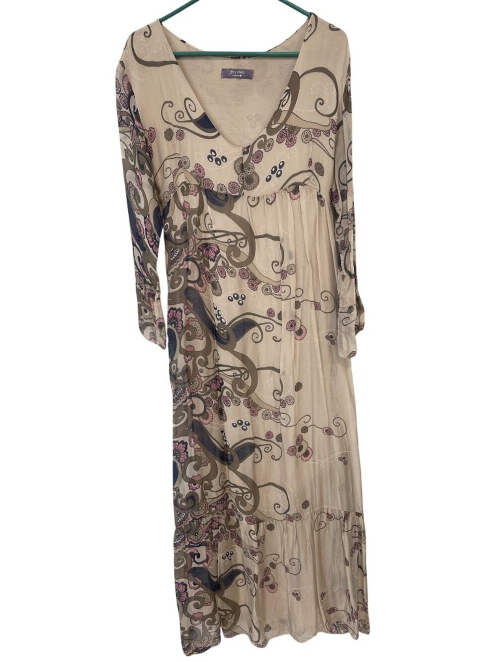 Grey Violet Maxi Dress Size Large Paisley Floral Bell Sleeve Beige Pink Bohemian